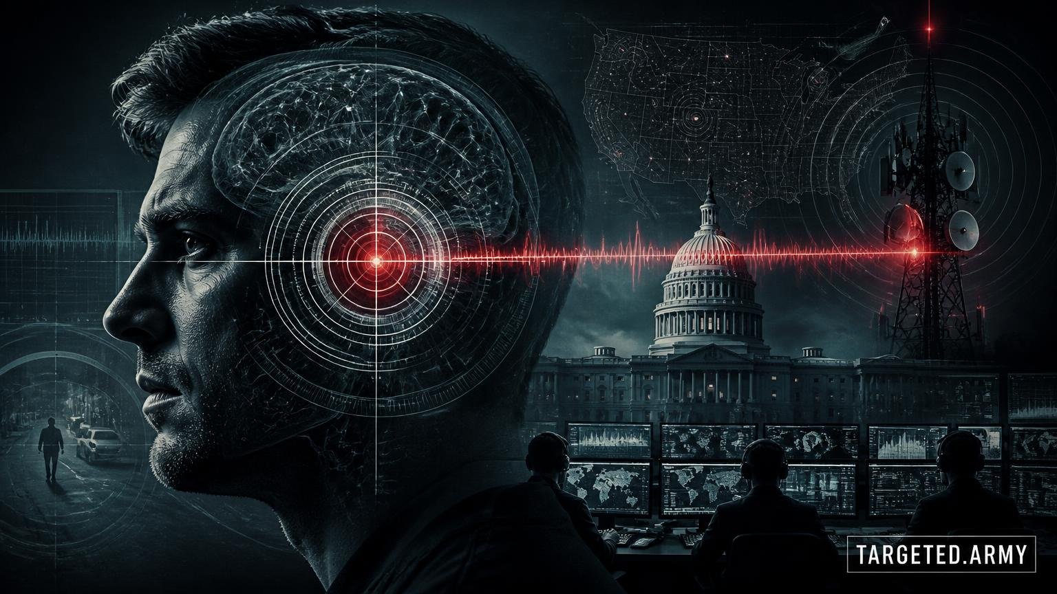 A cinematic TARGETED.ARMY editorial illustration representing the question: How are Targeted Individuals selected and what is the purpose of targeting them?