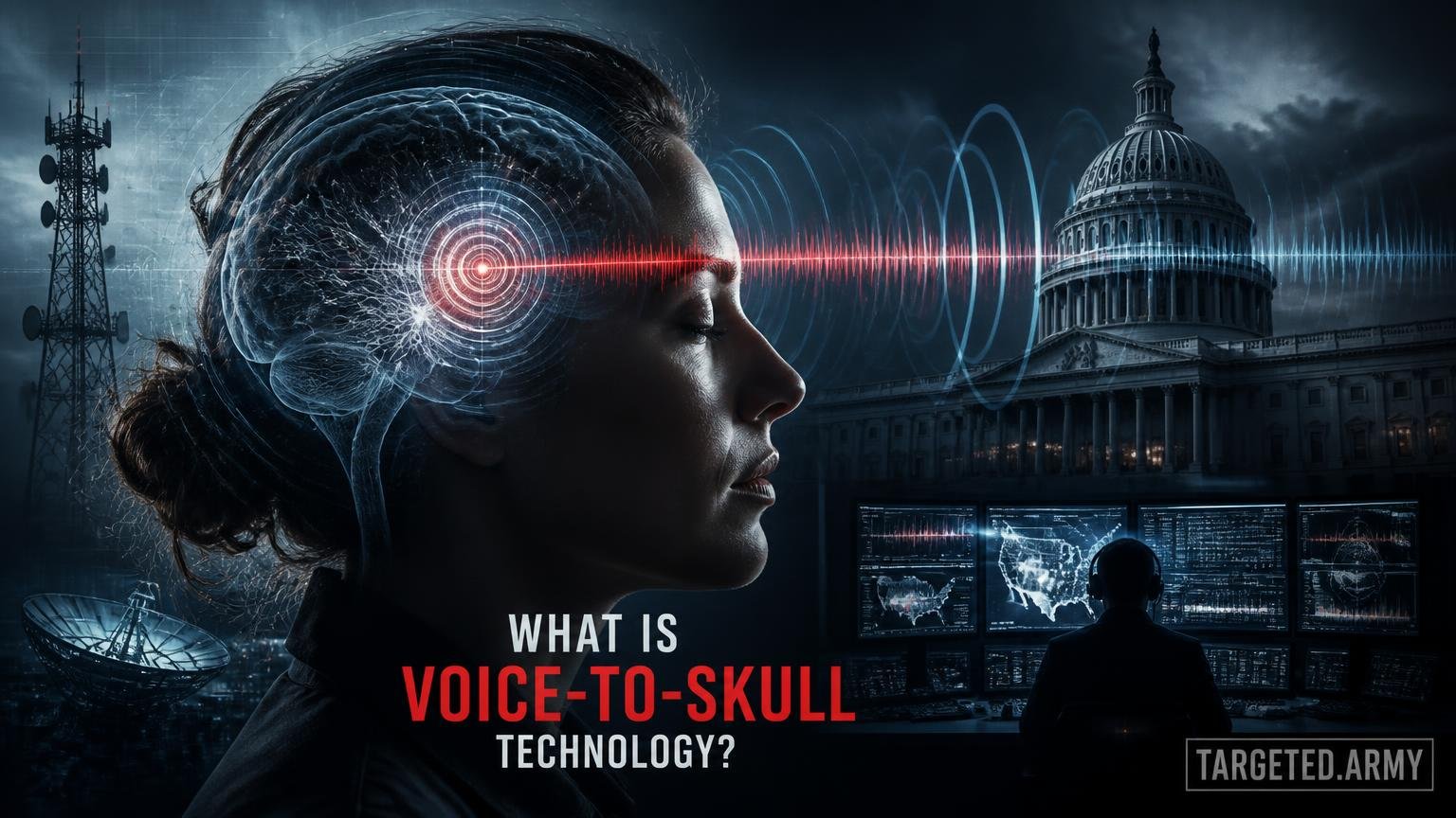 A cinematic TARGETED.ARMY editorial illustration representing the question: What is Voice-to-Skull technology?