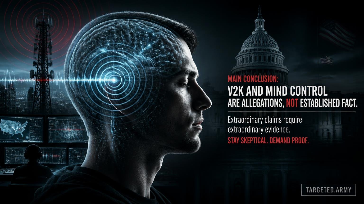 A cinematic TARGETED.ARMY editorial illustration representing the question: What is the main conclusion about V2K and mind control?