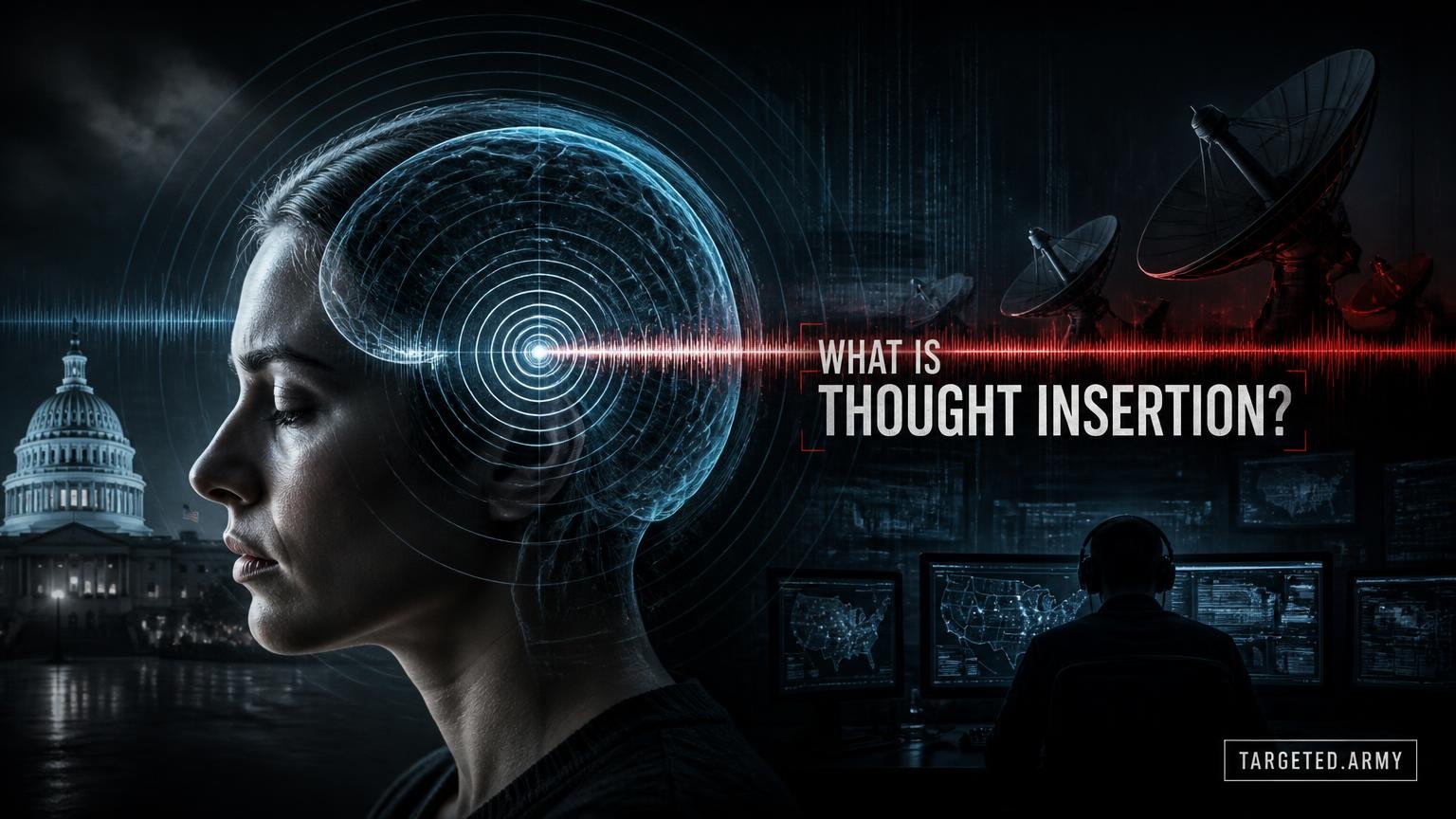 A cinematic TARGETED.ARMY editorial illustration representing the question: What is Thought Insertion?
