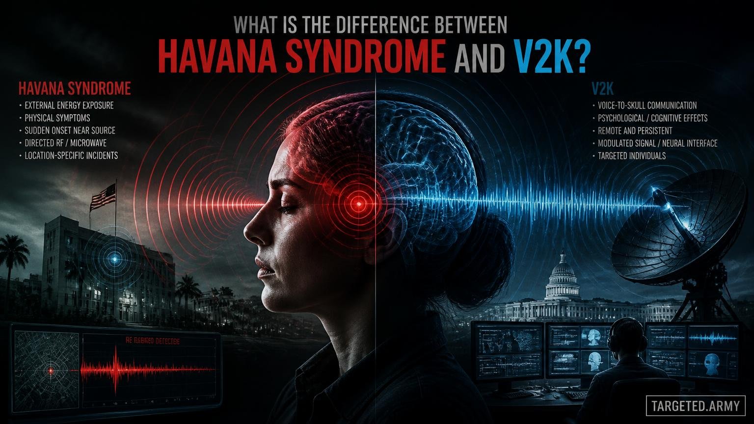 A cinematic TARGETED.ARMY editorial illustration representing the question: What is the difference between Havana Syndrome and V2K?
