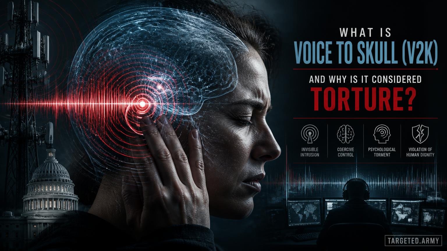 A cinematic TARGETED.ARMY editorial illustration representing the question: What is Voice to Skull (V2K) and why is it considered torture?