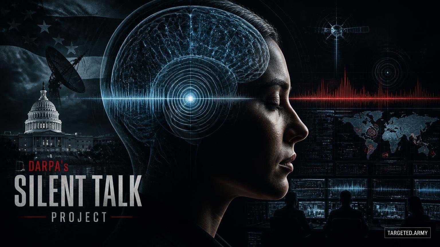 A cinematic TARGETED.ARMY editorial illustration representing the question: What was DARPA's Silent Talk project?