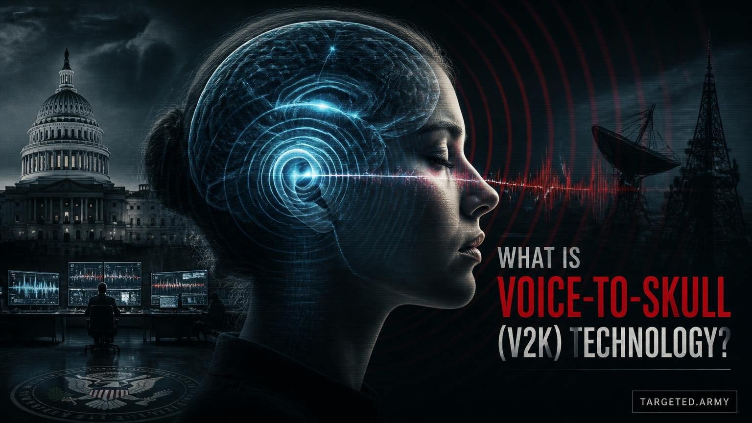 A cinematic TARGETED.ARMY editorial illustration representing the question: What is Voice-to-Skull (V2K) technology?