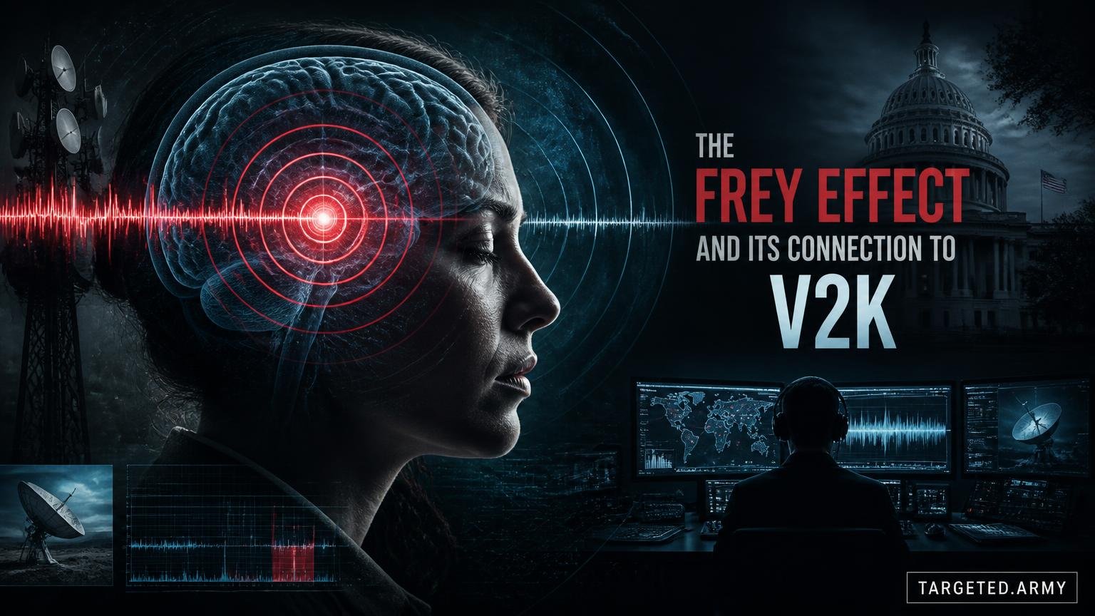 A cinematic TARGETED.ARMY editorial illustration representing the question: What is the Frey Effect and how is it related to V2K?