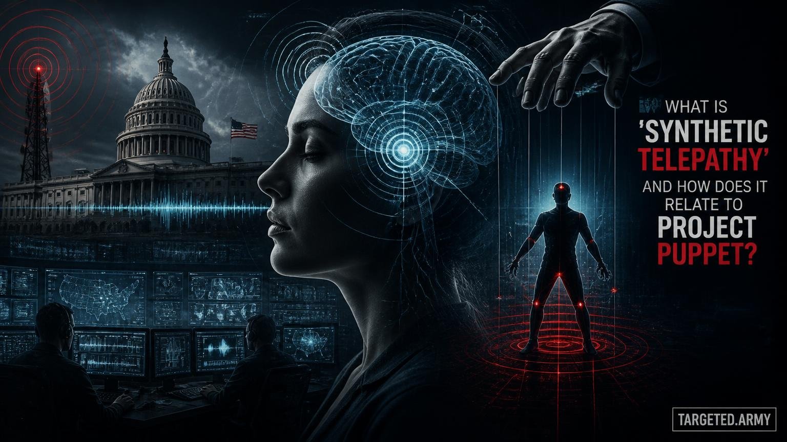 A cinematic TARGETED.ARMY editorial illustration representing the question: What is 'Synthetic Telepathy' and how does it relate to Project Puppet?