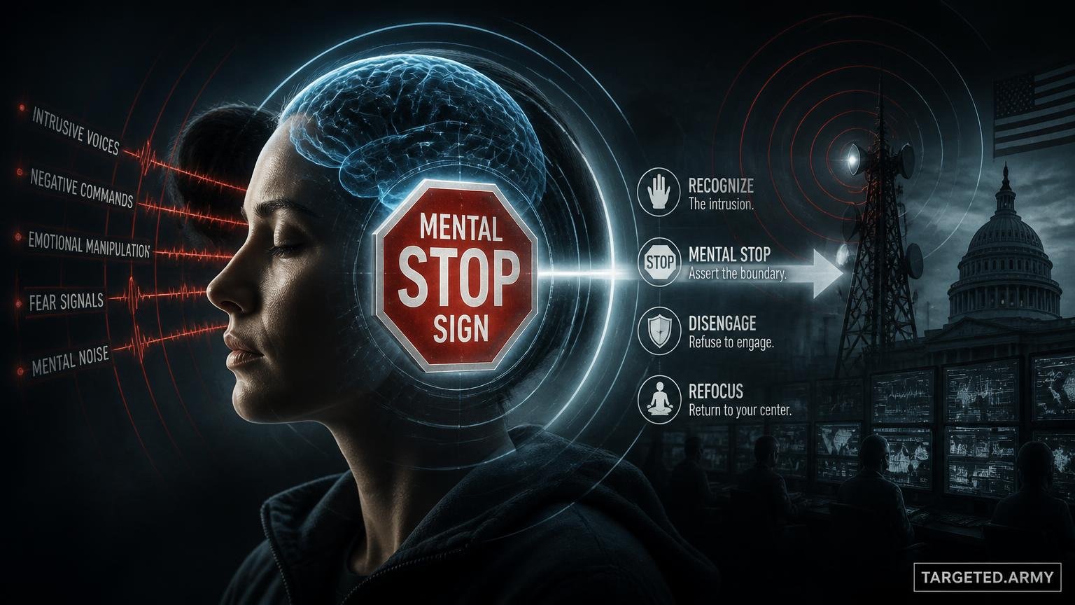 A cinematic TARGETED.ARMY editorial illustration representing the question: What is the 'Mental Stop Sign' technique for handling V2K?