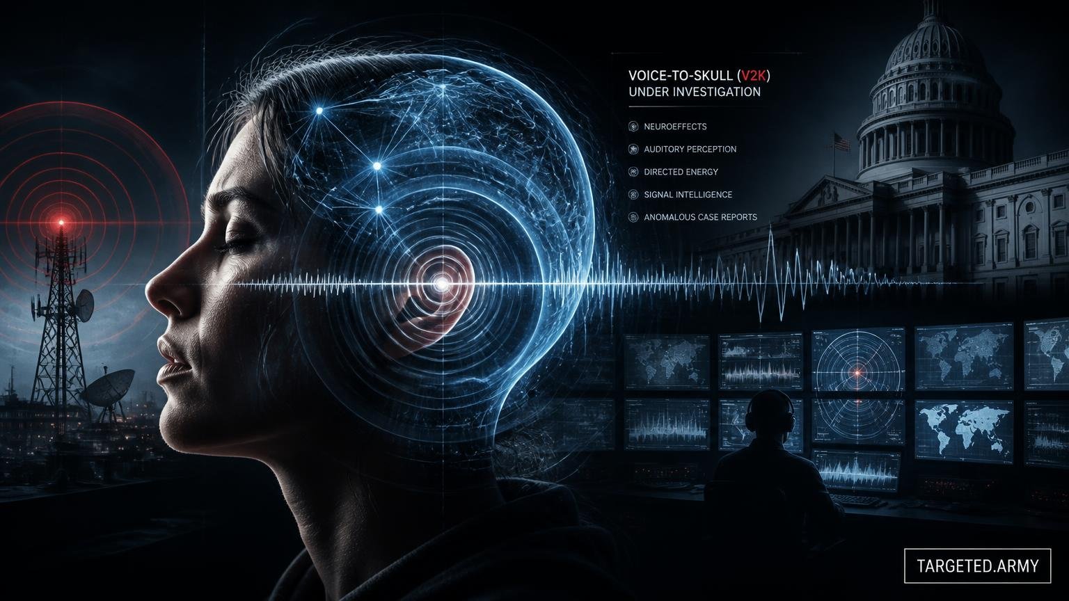 A cinematic TARGETED.ARMY editorial illustration representing the question: What evidence exists for Voice-to-Skull (V2K) technology?