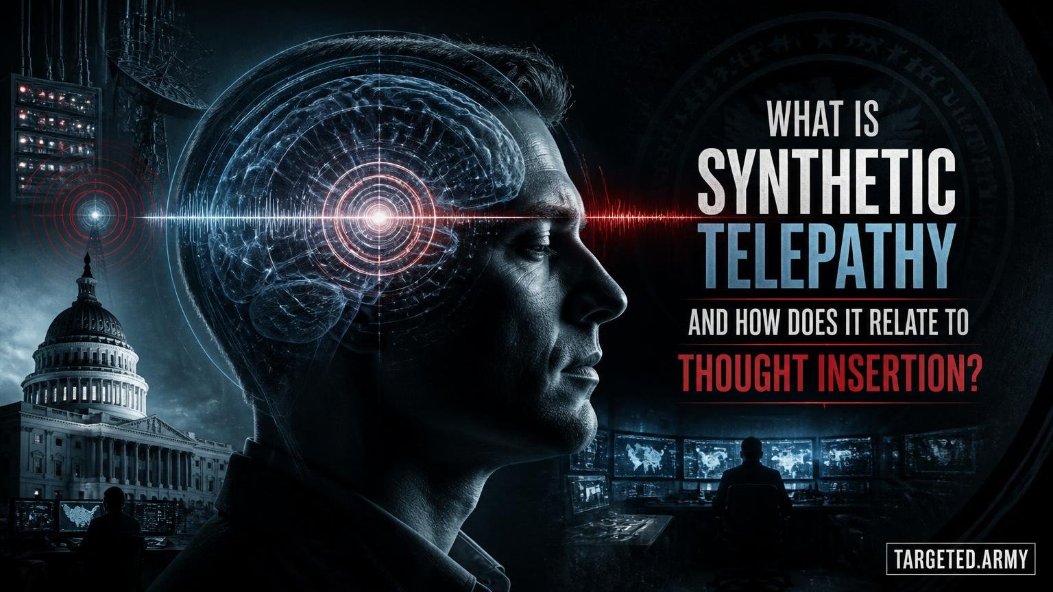 A cinematic TARGETED.ARMY editorial illustration representing the question: What is synthetic telepathy and how does it relate to thought insertion?
