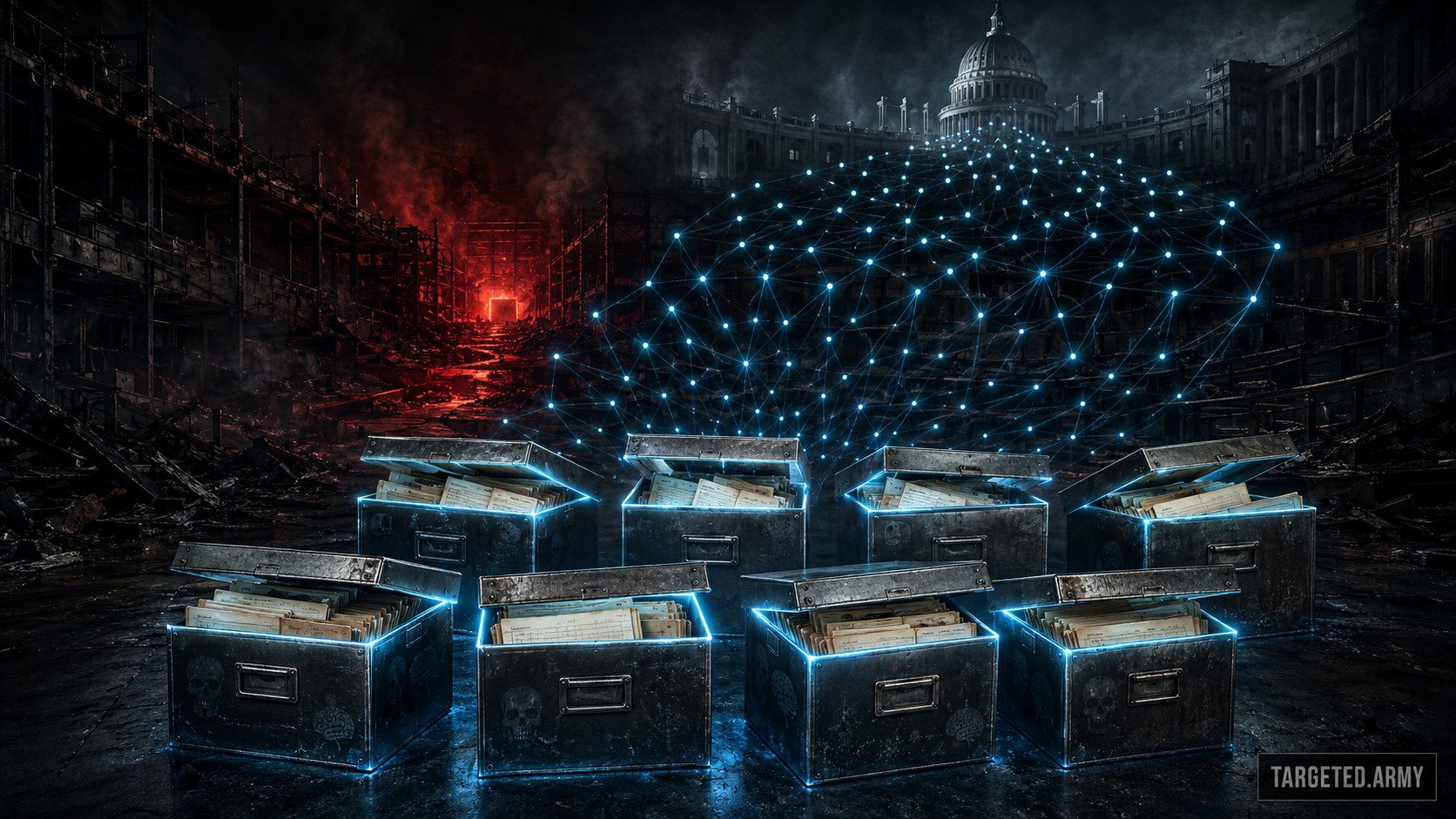 Seven illuminated archival boxes in a retired-records warehouse sending a network of evidence toward a Senate hearing chamber