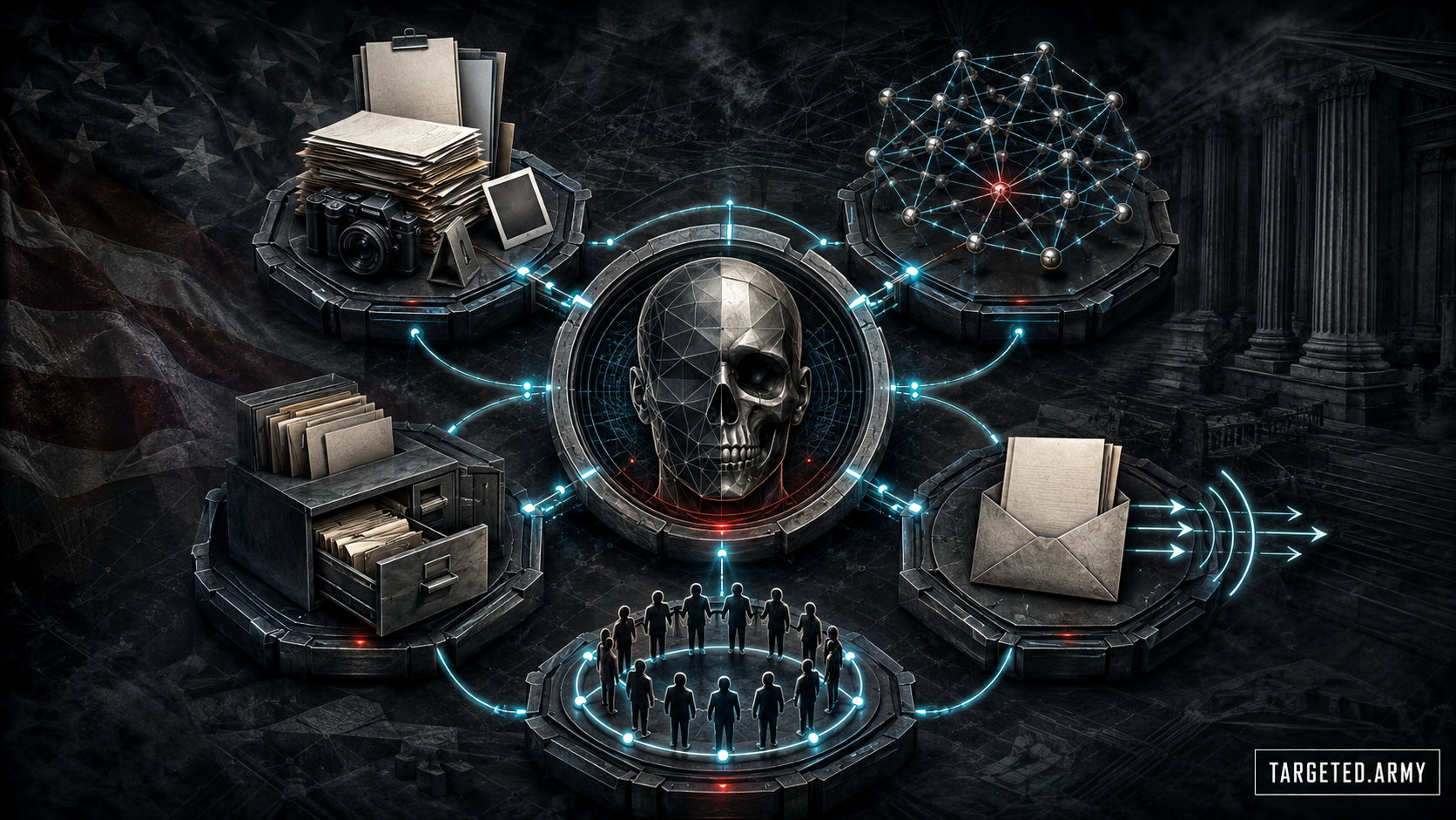 A skull-centered TARGETED.ARMY operations map connecting evidence, networks, archives, public records, and member community modules