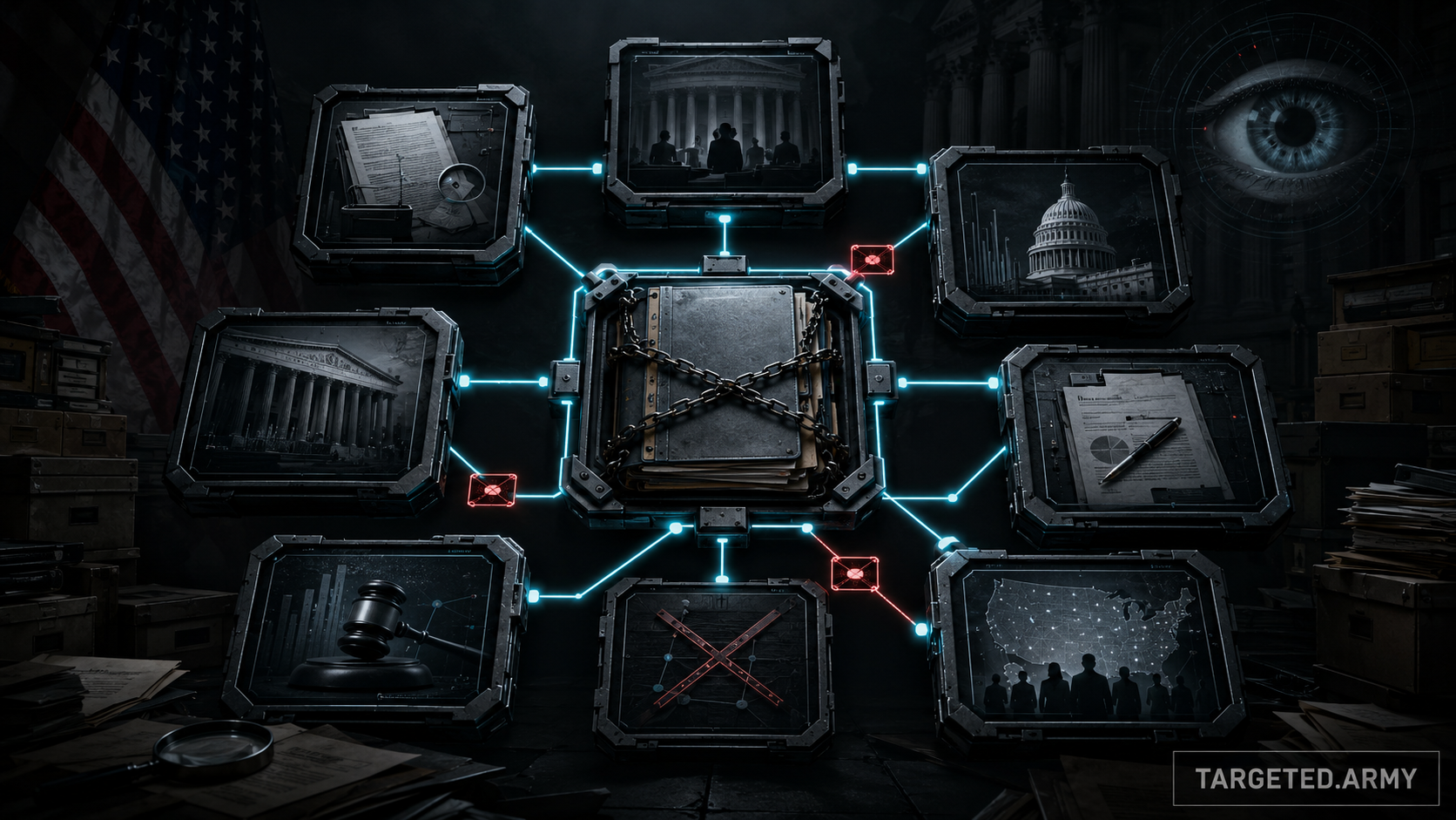 A TARGETED.ARMY accountability network connects public records, inspectors general, Congress, auditors, appeals, courts, and public disclosure