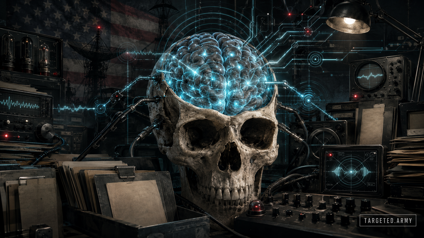 An anatomical skull and illuminated brain surrounded by conditioning signals, archival programs, surveillance hardware, and feedback circuitry