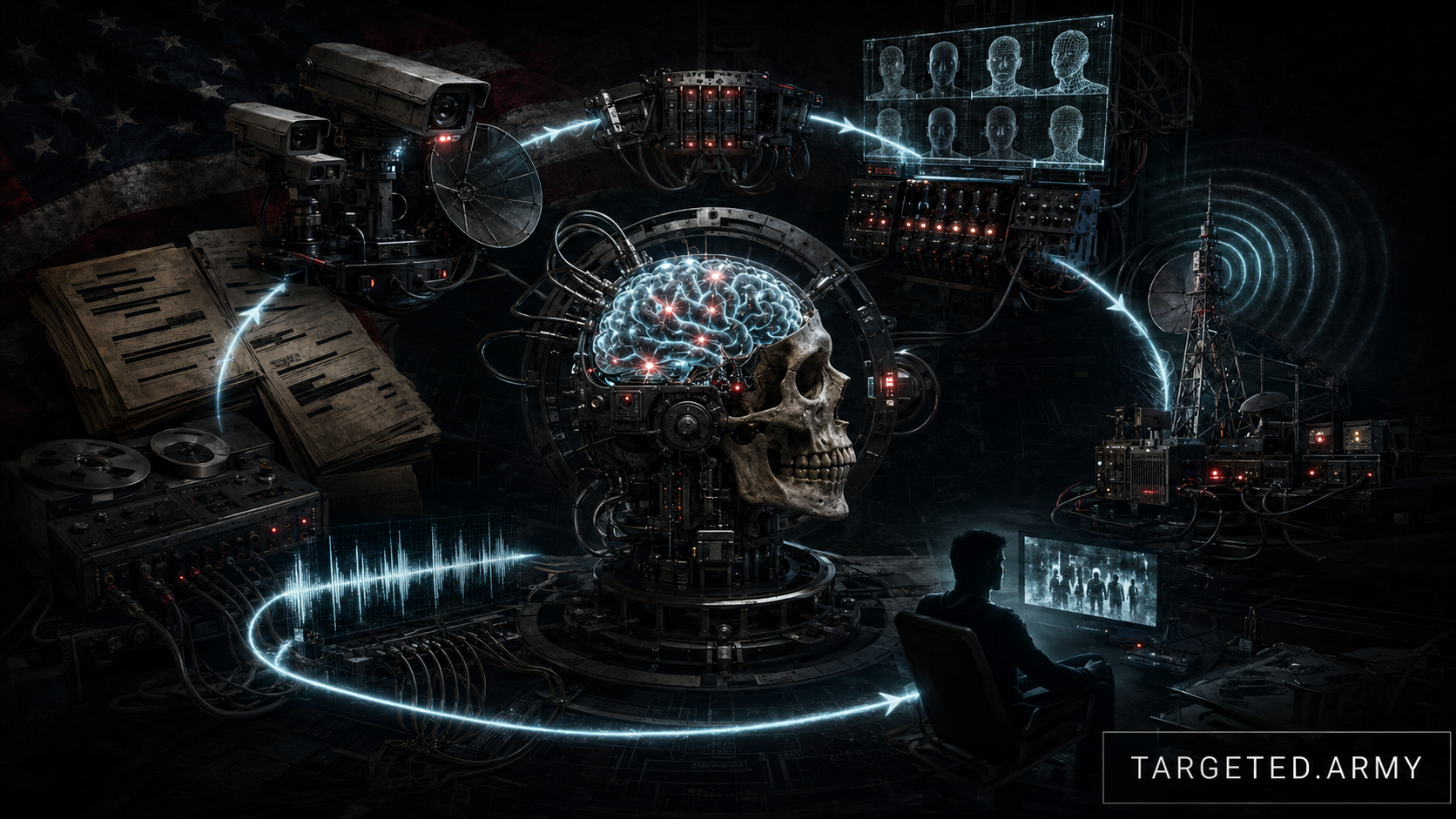 A dark operational feedback apparatus connects surveillance, audience modeling, influence delivery, behavioral response, and measurement around a human brain