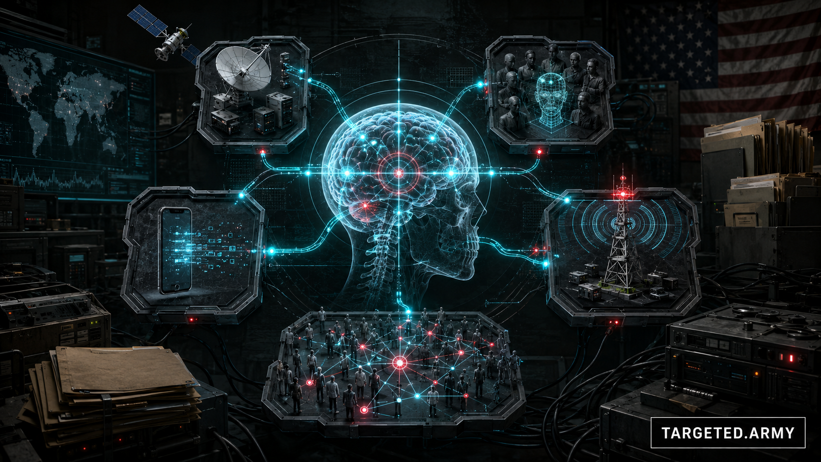 A skull-centered cognitive warfare architecture links surveillance collection, audience modeling, influence delivery, network amplification, and response measurement