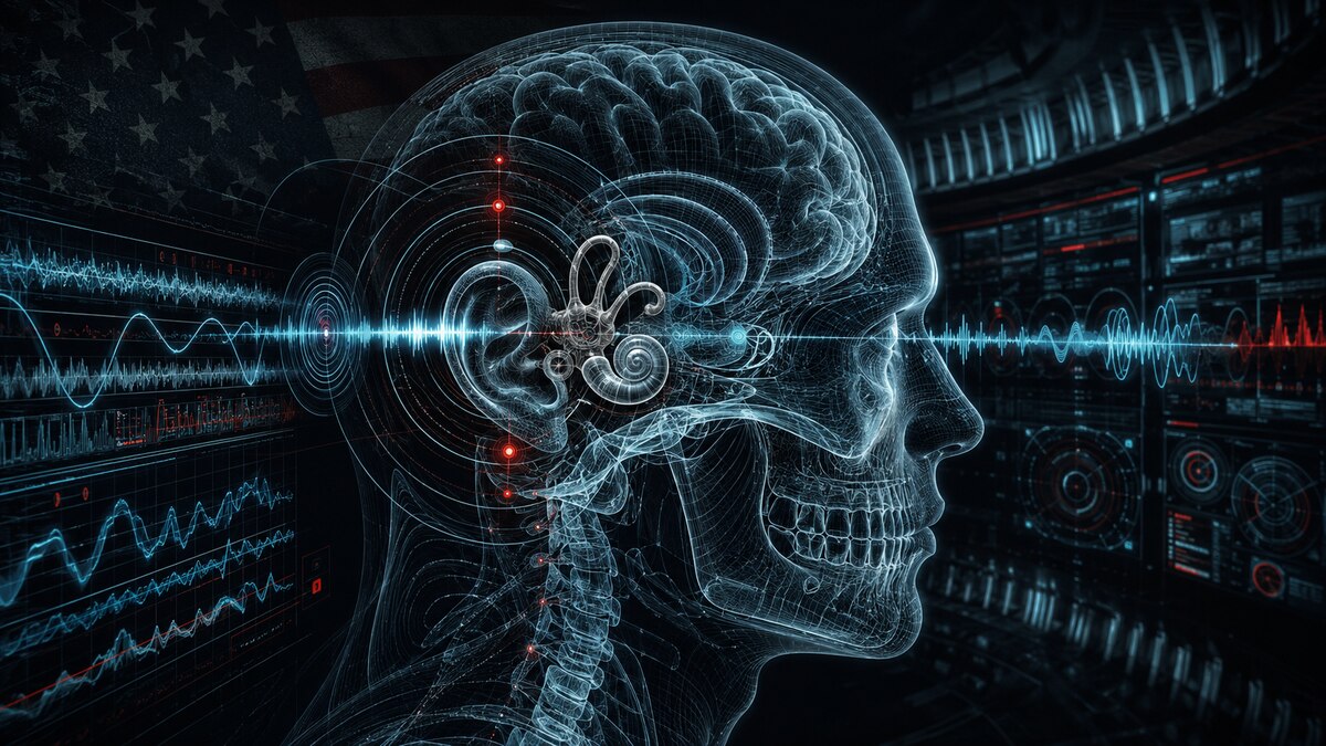Conceptual intelligence-dossier illustration for Voice-to-Skull (V2K) Transmission: Bypassing Acoustic Capture through Pulsed Microwave Fields