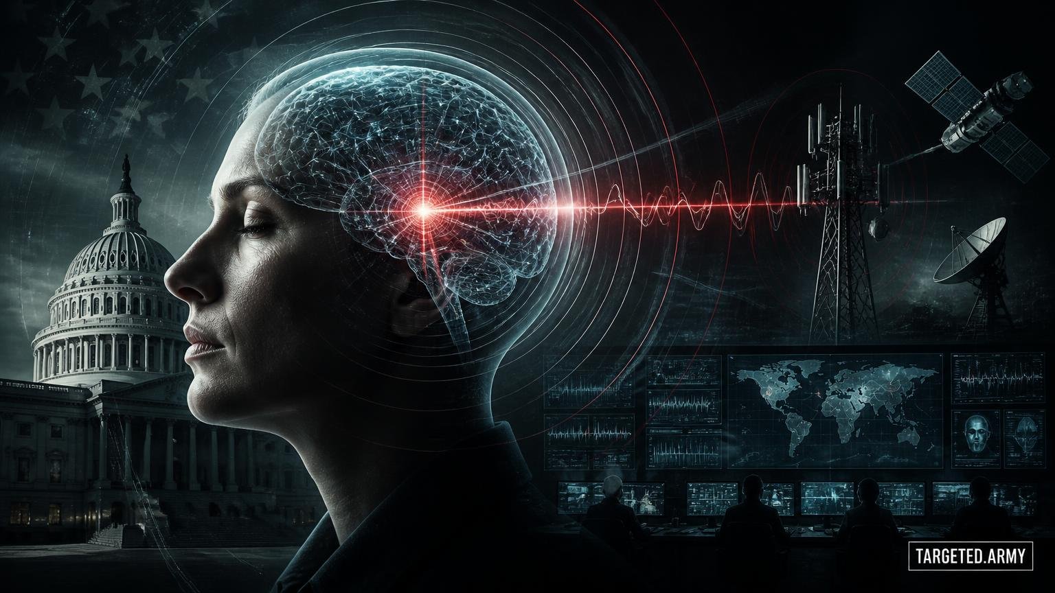 A cinematic TARGETED.ARMY editorial illustration representing the question: What are Remote Influencing Programs?