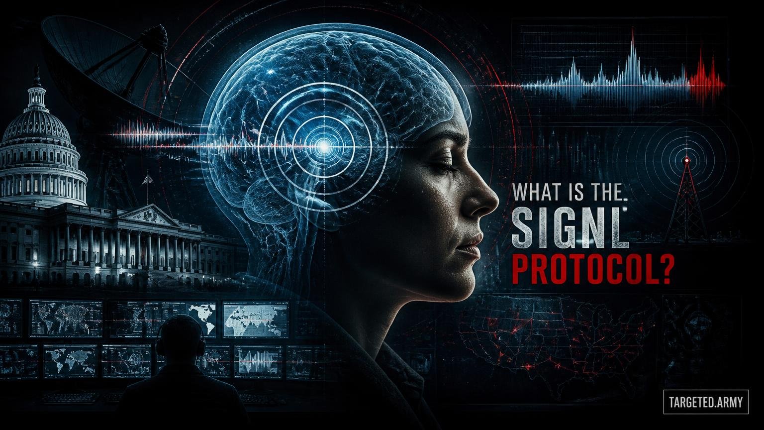 A cinematic TARGETED.ARMY editorial illustration representing the question: What is the SIGNL Protocol?