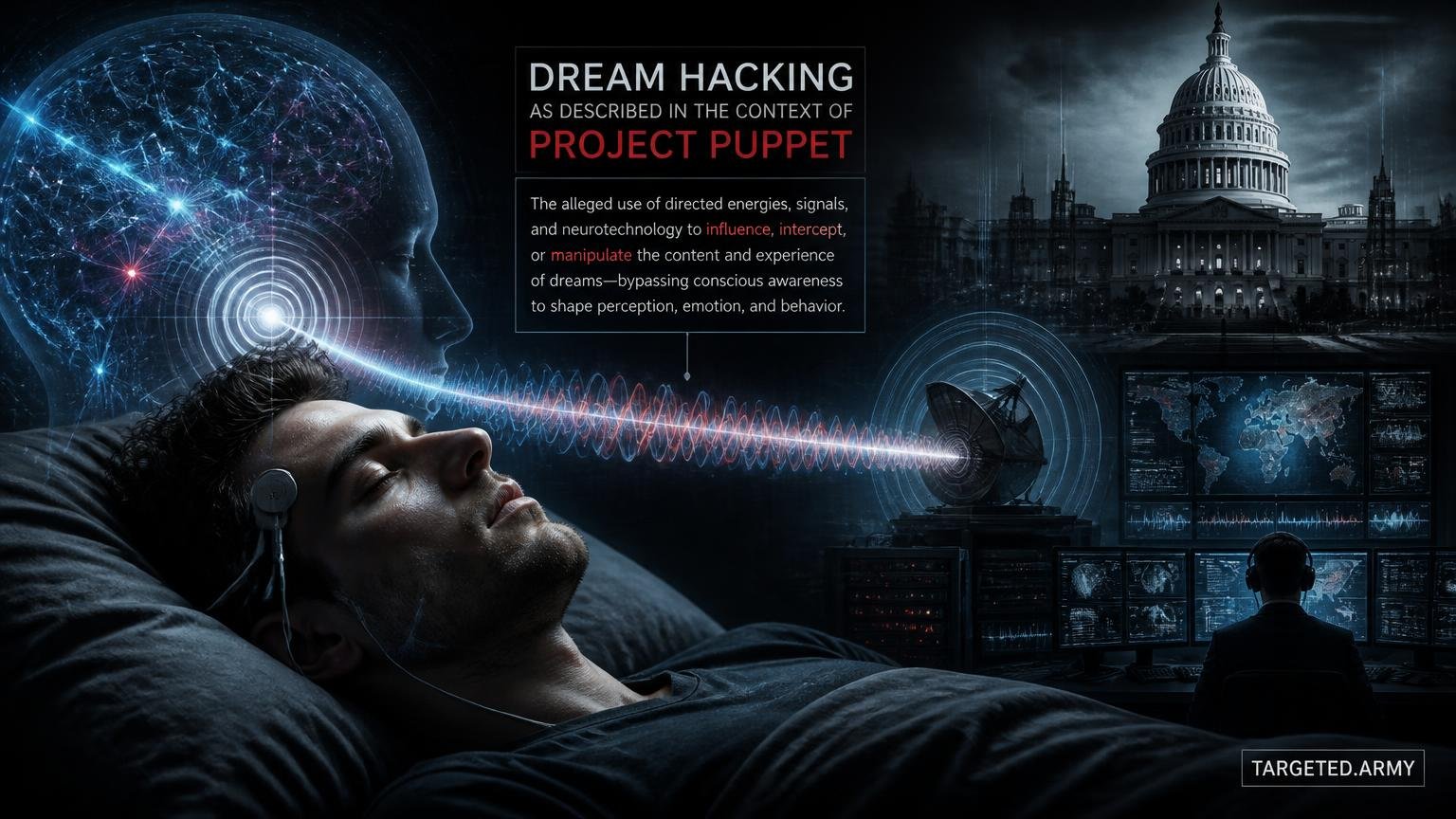 A cinematic TARGETED.ARMY editorial illustration representing the question: What is 'Dream Hacking' as described in the context of Project Puppet?