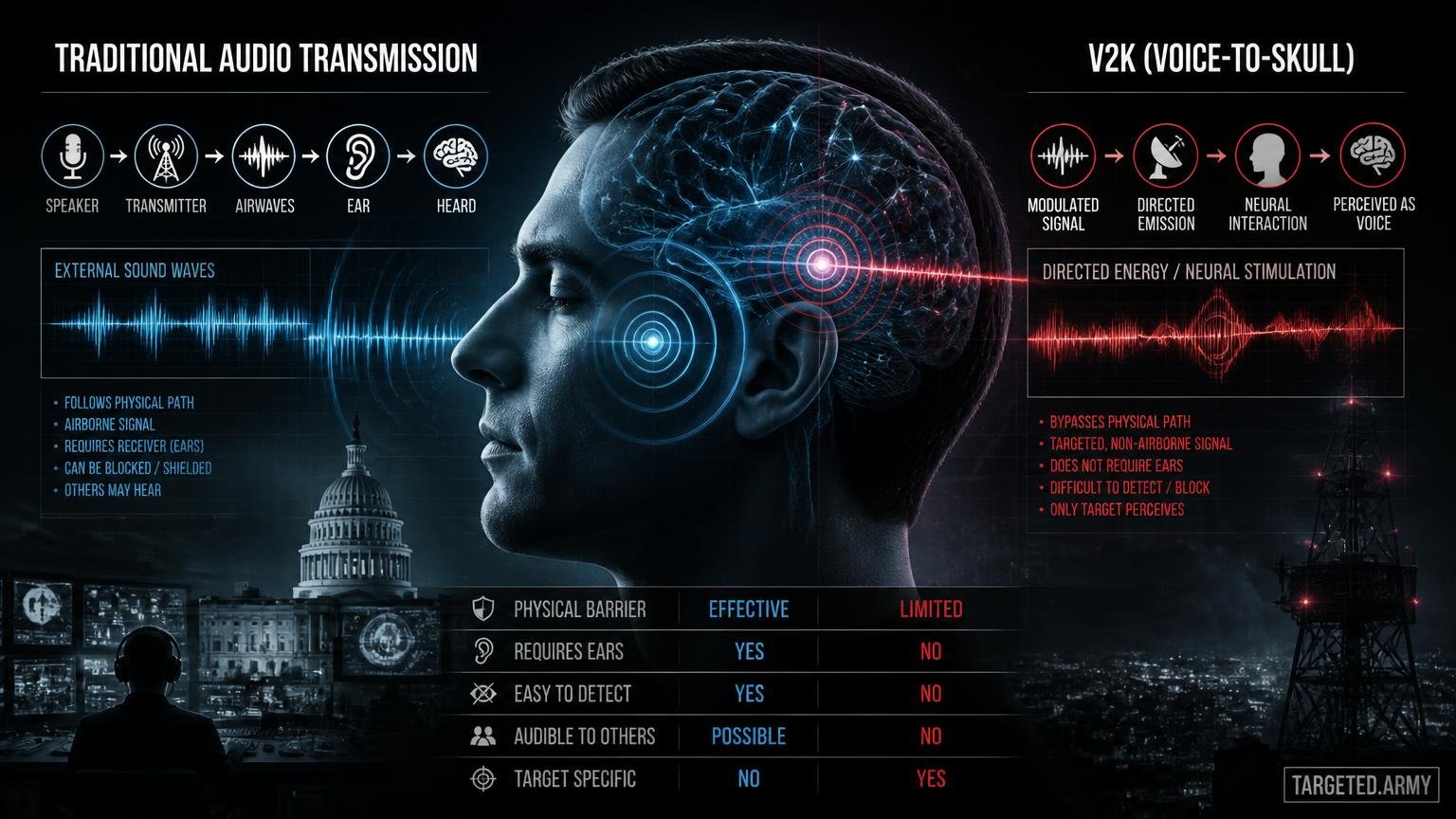 A cinematic TARGETED.ARMY editorial illustration representing the question: What is the difference between V2K and traditional audio transmission?