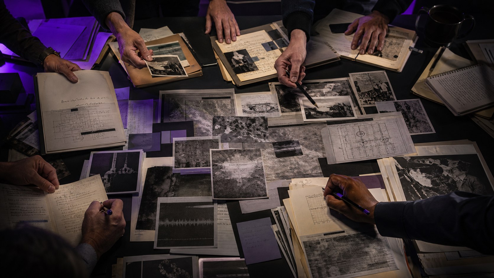 Community members comparing archival records, photographs, diagrams, and research notes around a shared table