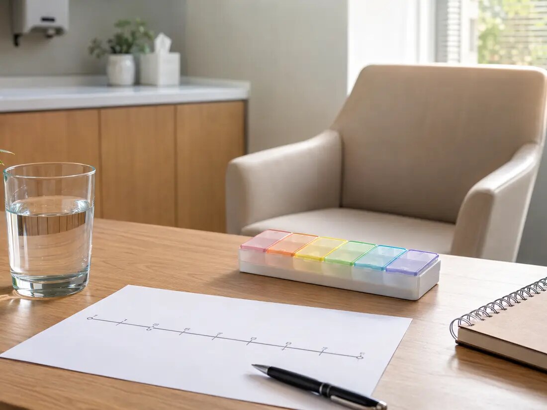 A closer documentary view of a calm clinic preparation table with symptom timeline, notebook, water, and medication organizer.