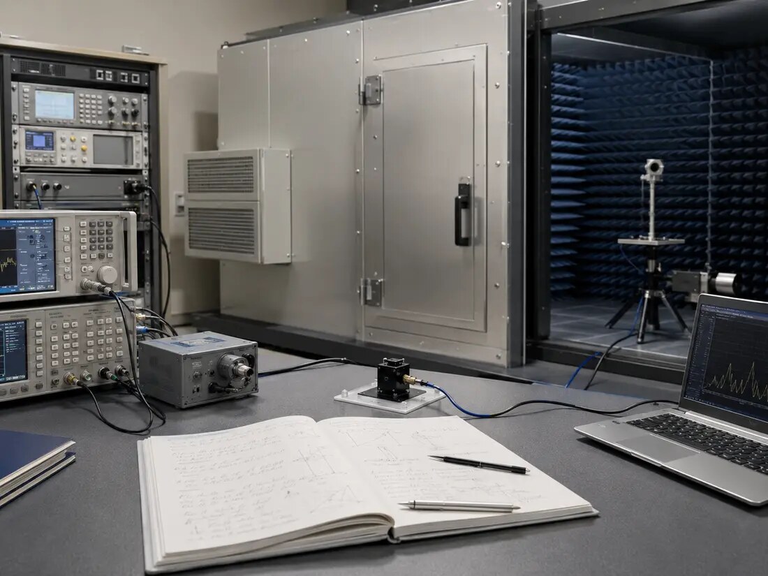 A closer documentary view of a controlled radiofrequency laboratory with measurement instruments and a shielded chamber.