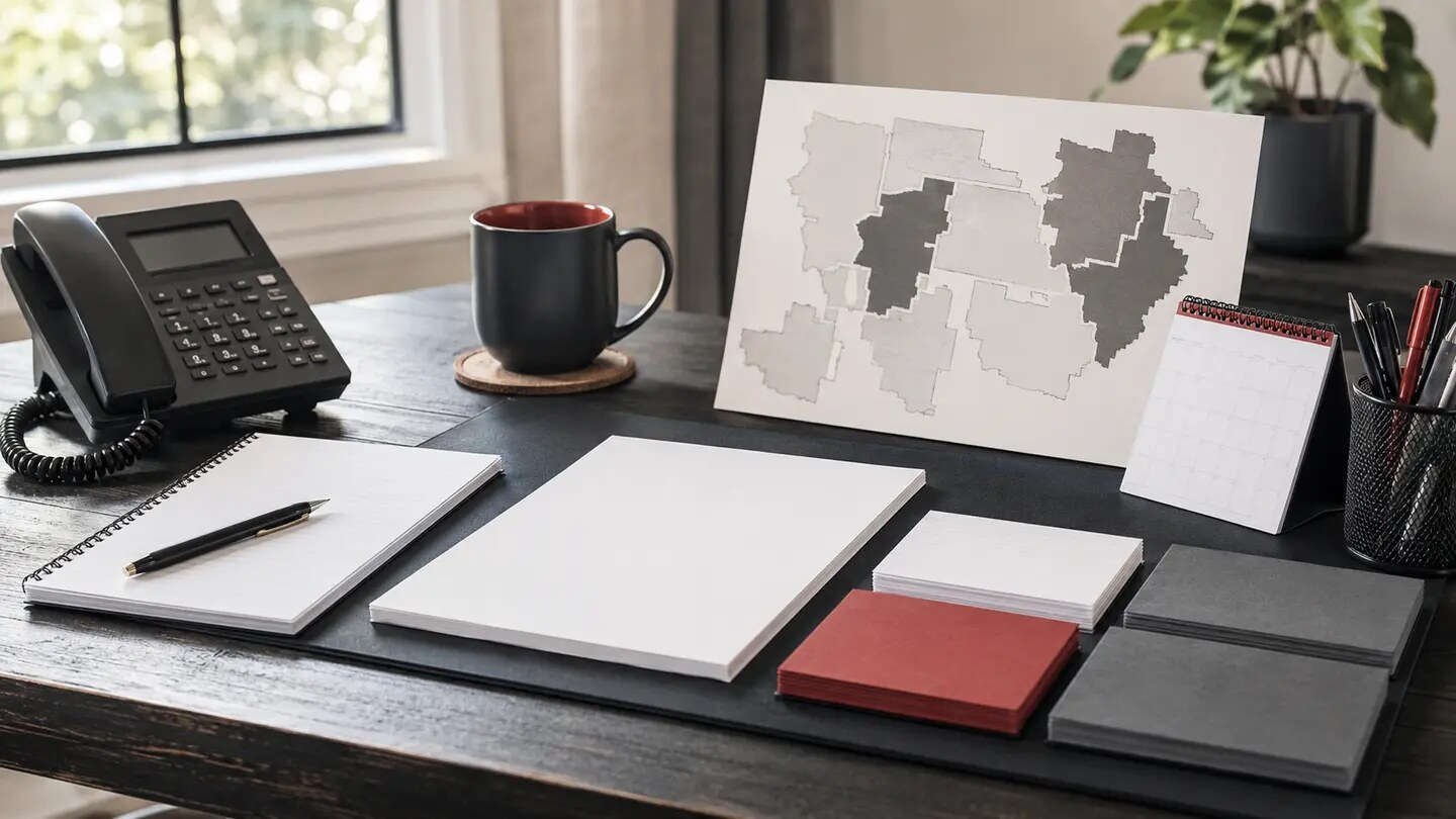 A civic action desk with phone, district map, calendar, and talking-point cards, arranged as a restrained documentary editorial scene.