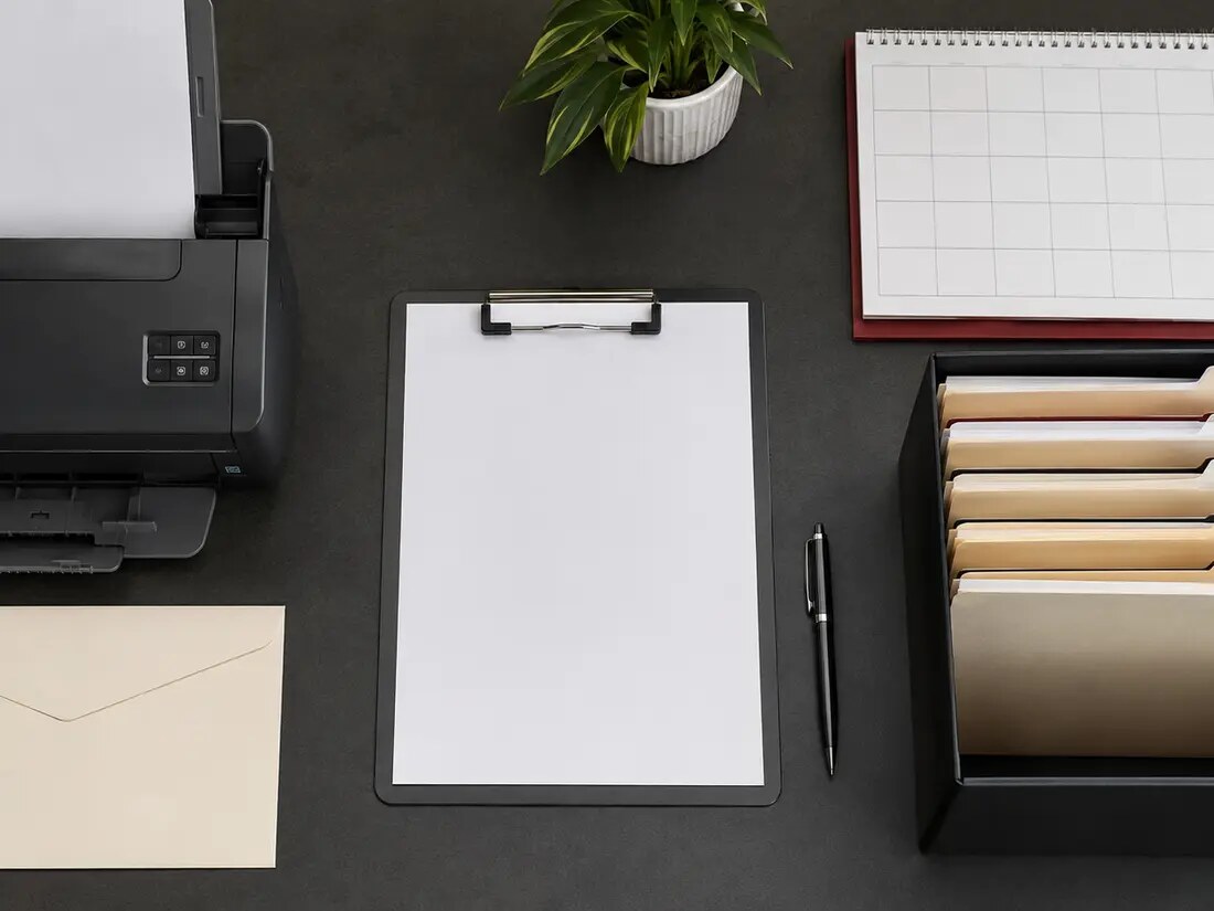 A closer documentary view of a public-records request workspace with scanner, envelope, calendar, and folders.