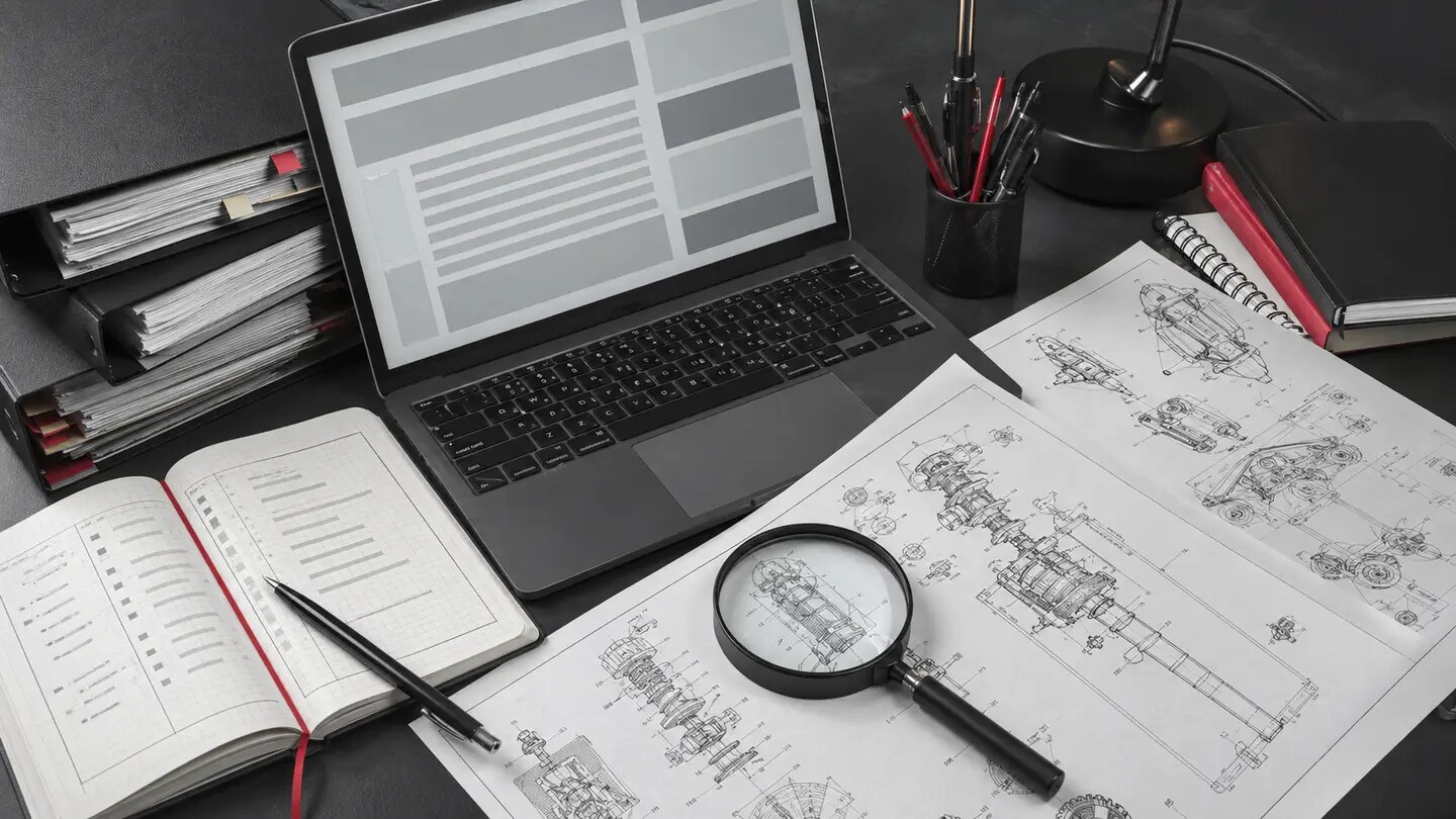 A patent research desk with line drawings, citation notebook, magnifier, and laptop, arranged as a restrained documentary editorial scene.