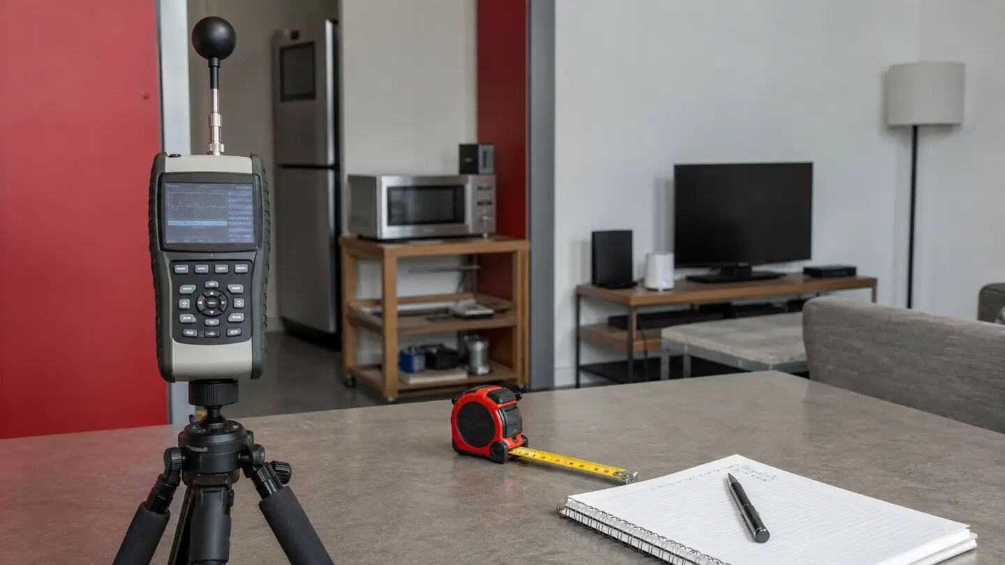 A radiofrequency meter on a tripod in a controlled household measurement setup, arranged as a restrained documentary editorial scene.