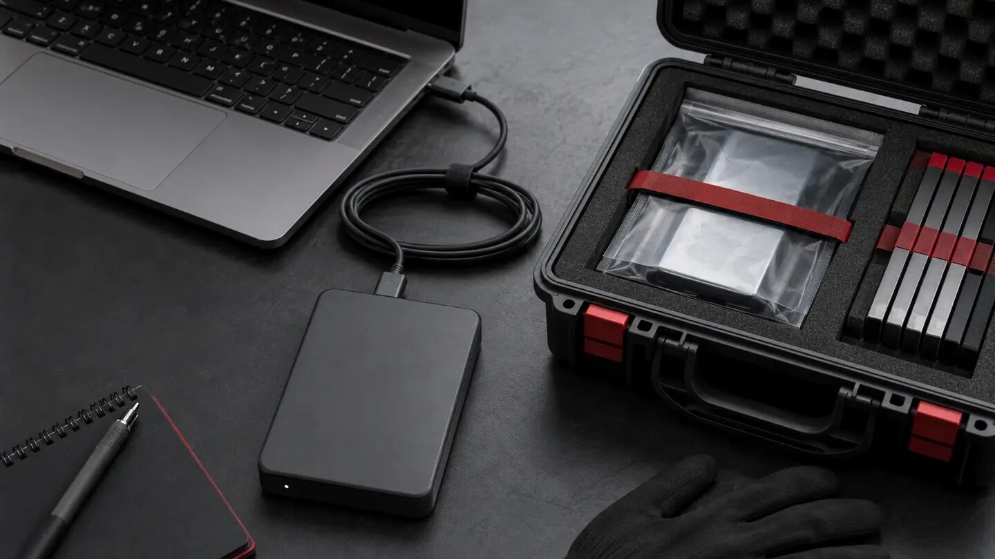 A digital evidence preservation workspace with drives and archival storage, arranged as a restrained documentary editorial scene.
