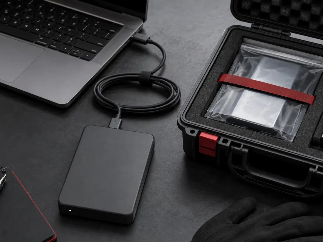 A closer documentary view of a digital evidence preservation workspace with drives and archival storage.