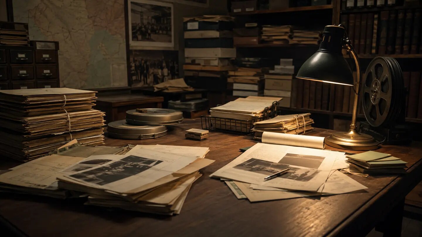 An archival research table with hearing records, microfilm, and government folders, arranged as a restrained documentary editorial scene.
