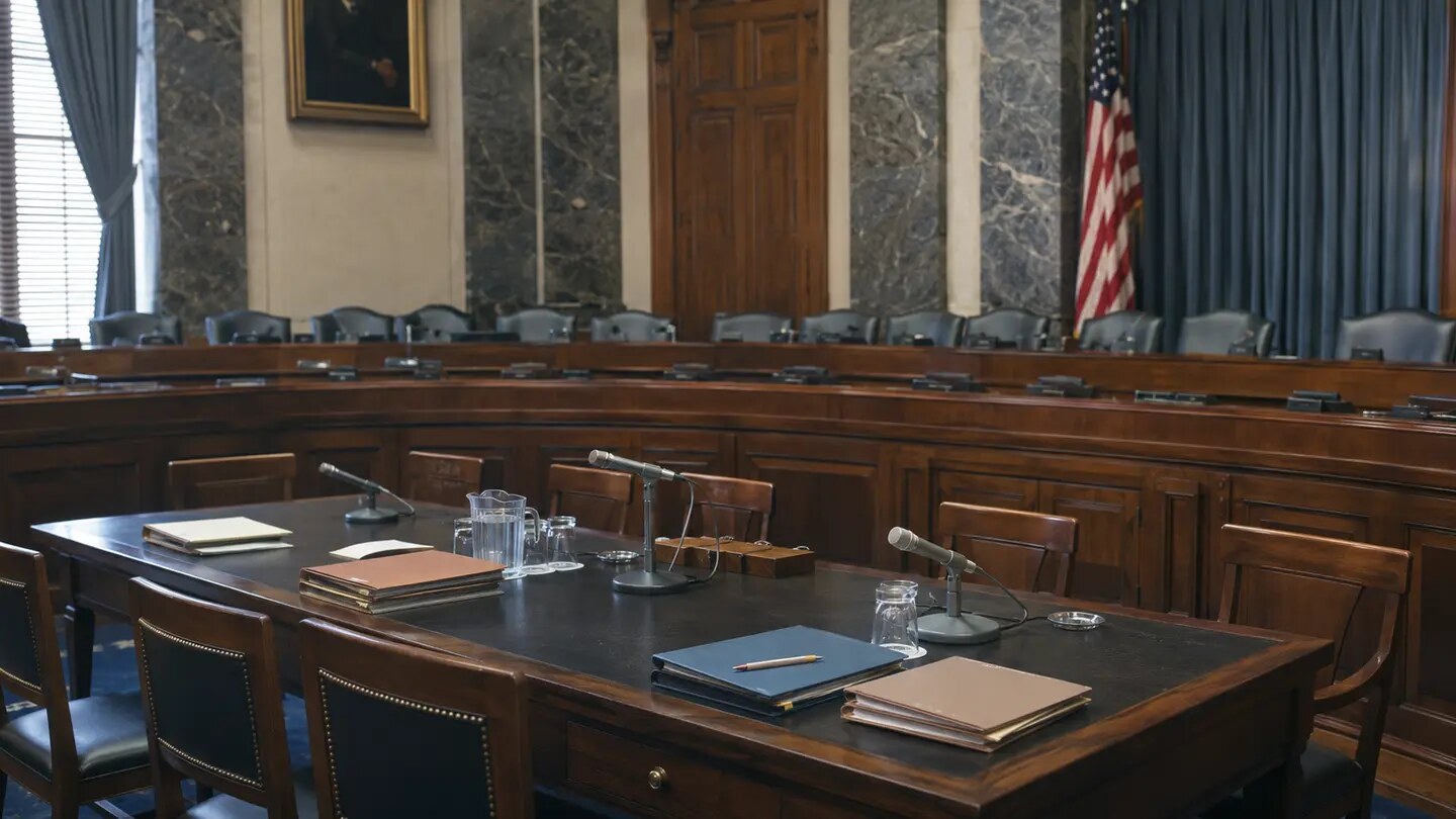 An empty 1970s congressional hearing room with witness microphones and folders, arranged as a restrained documentary editorial scene.