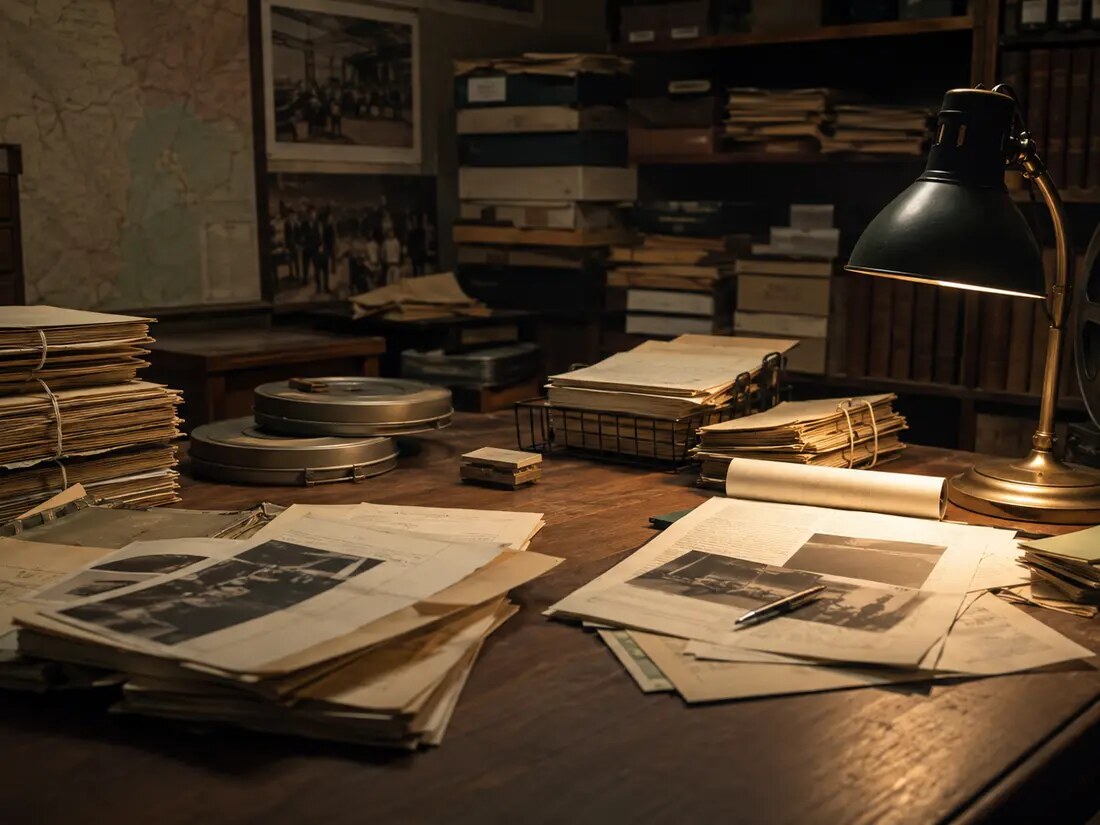 A closer documentary view of an archival research table with hearing records, microfilm, and government folders.