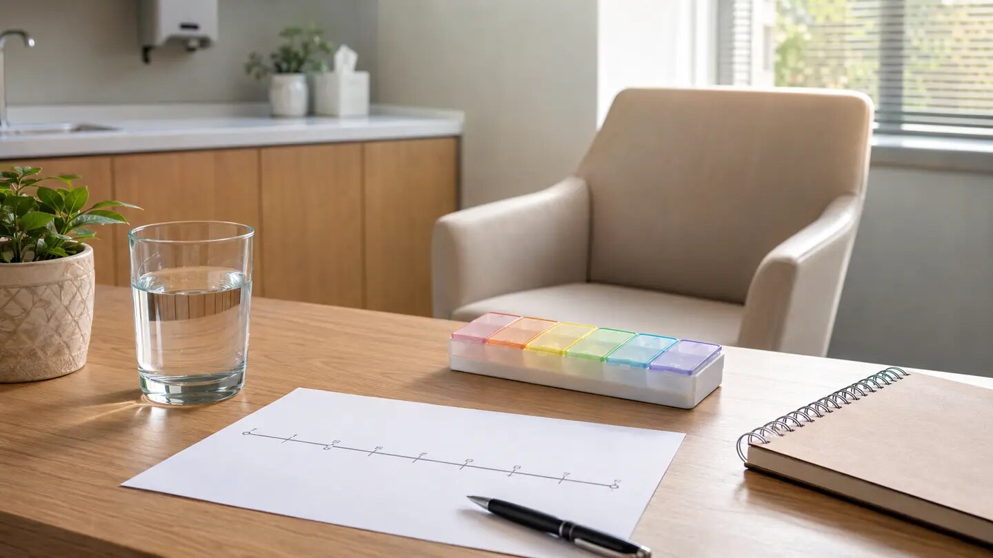 A calm clinic preparation table with symptom timeline, notebook, water, and medication organizer, arranged as a restrained documentary editorial scene.