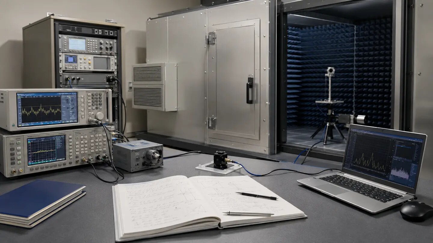 A controlled radiofrequency laboratory with measurement instruments and a shielded chamber, arranged as a restrained documentary editorial scene.