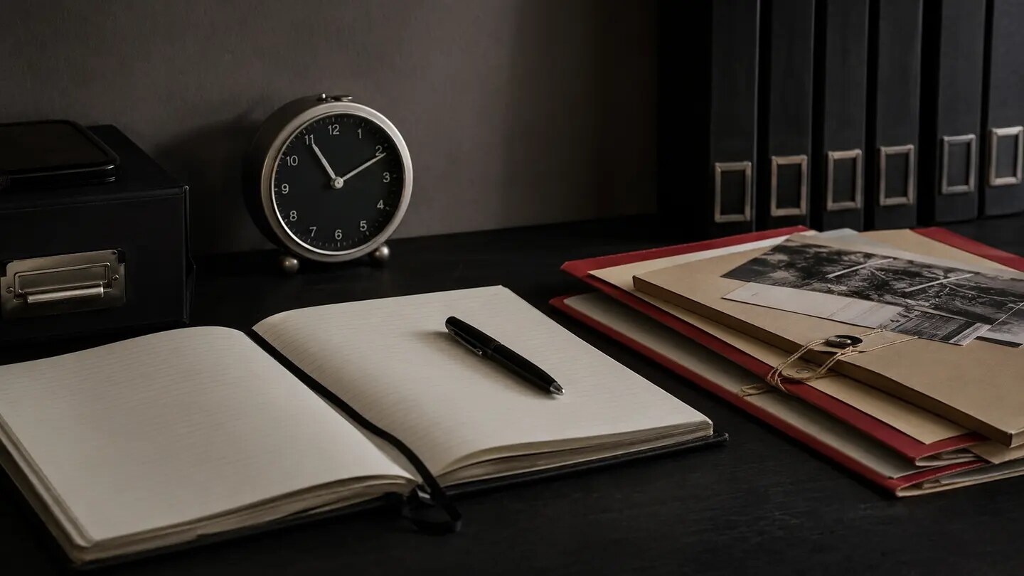 An incident log, clock, pen, and evidence folders, arranged as a restrained documentary editorial scene.