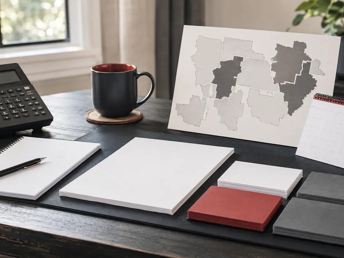 A closer documentary view of a civic action desk with phone, district map, calendar, and talking-point cards.