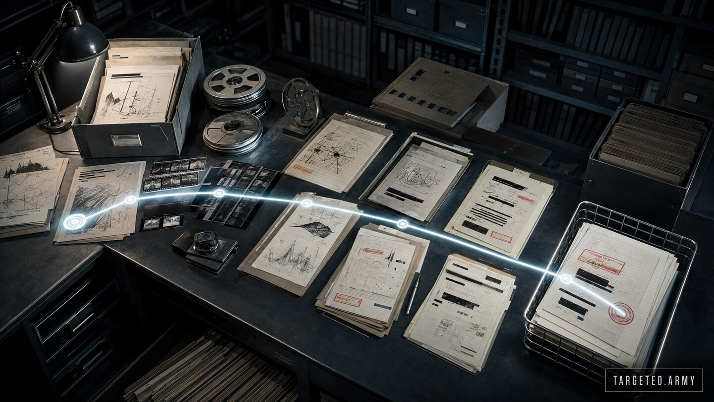 Declassified intelligence archive with remote-viewing session sketches, tasking sheets, evaluation folders, and released record boxes