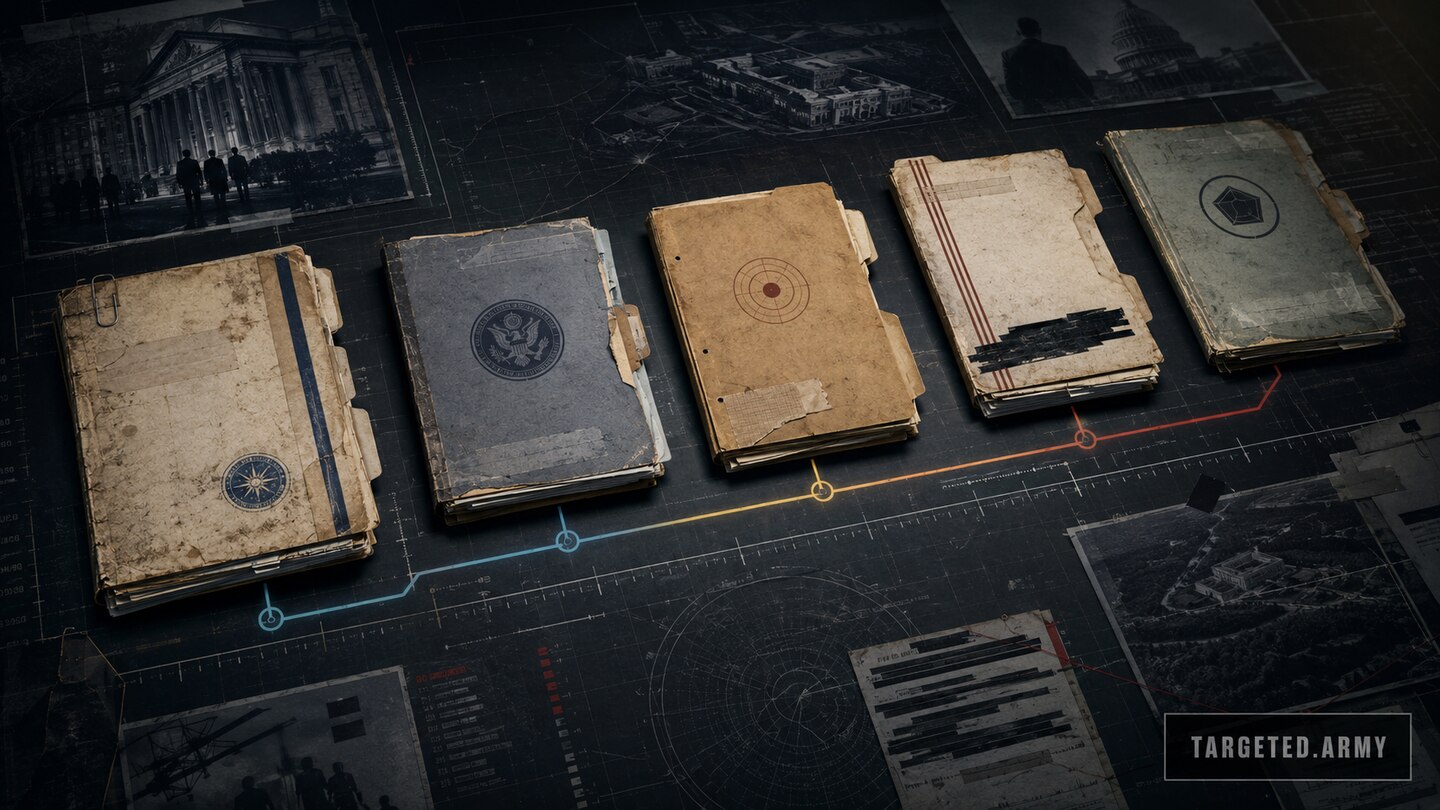 Successive declassified program folders linked across Army, Defense Intelligence Agency, and CIA architecture