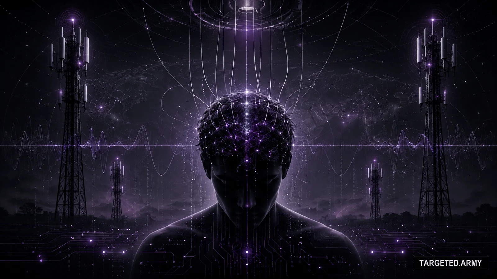 A human silhouette connected to a neural network between communications towers