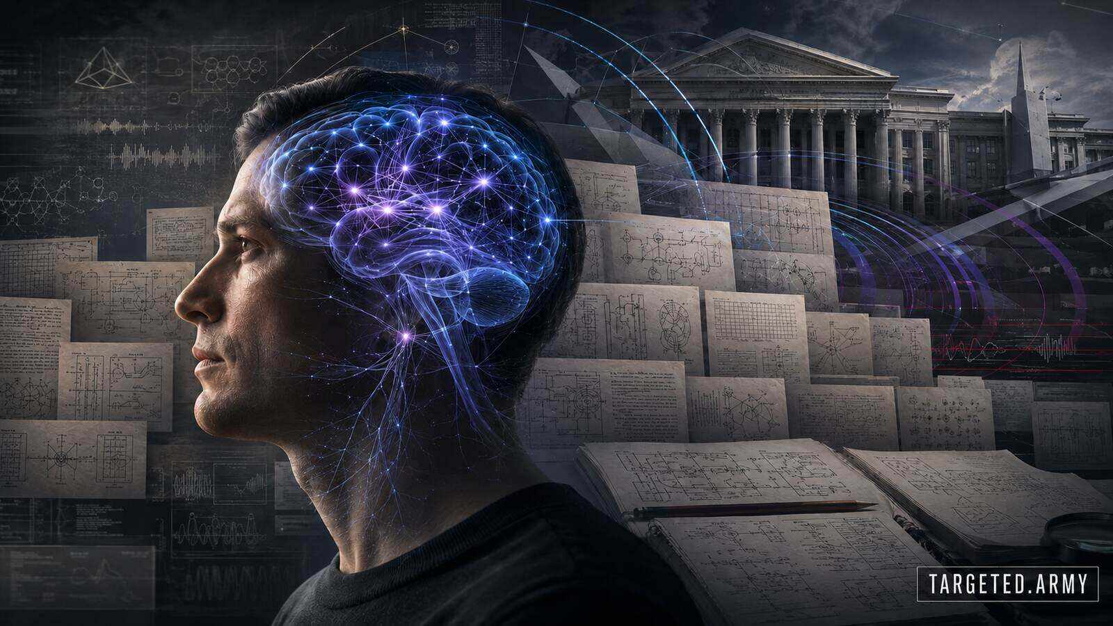 A living human neural profile faces a wall of patent diagrams, federal architecture, and radio-frequency signal paths