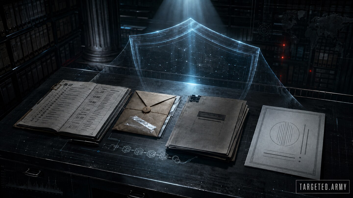 Secure evidence table with a chronology ledger, sealed records, integrity hashes, and an oversight submission folder