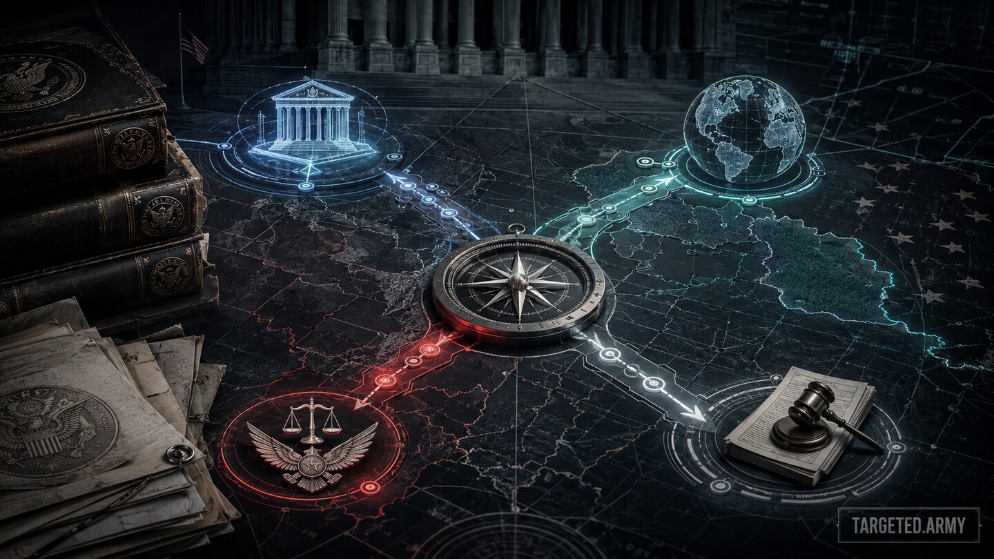 Federal statute volumes, courthouse architecture, and branching jurisdiction paths forming an anti-torture enforcement map
