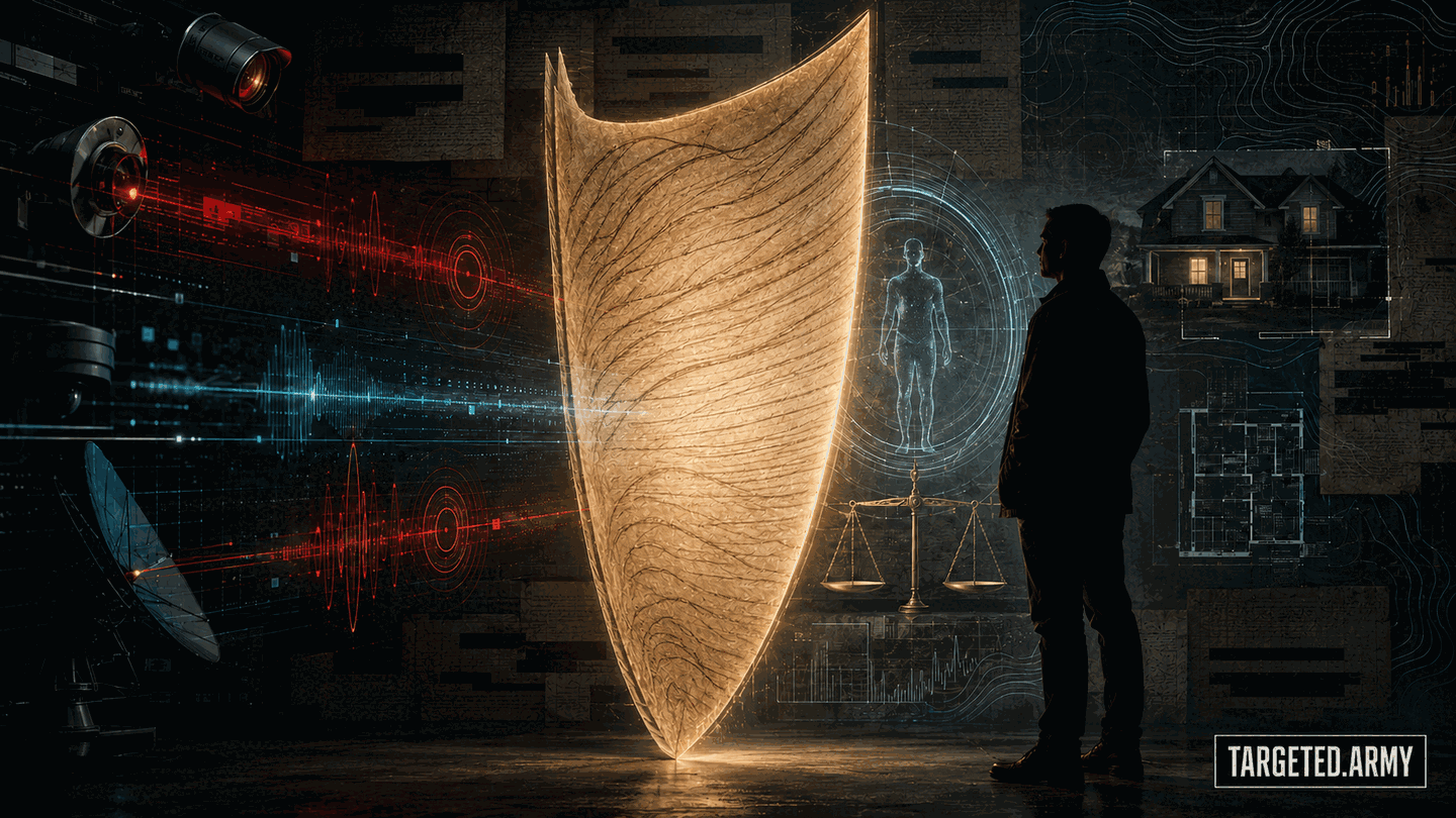 Luminous constitutional shield protecting a person from surveillance signals, with privacy, home, bodily-integrity, and justice motifs