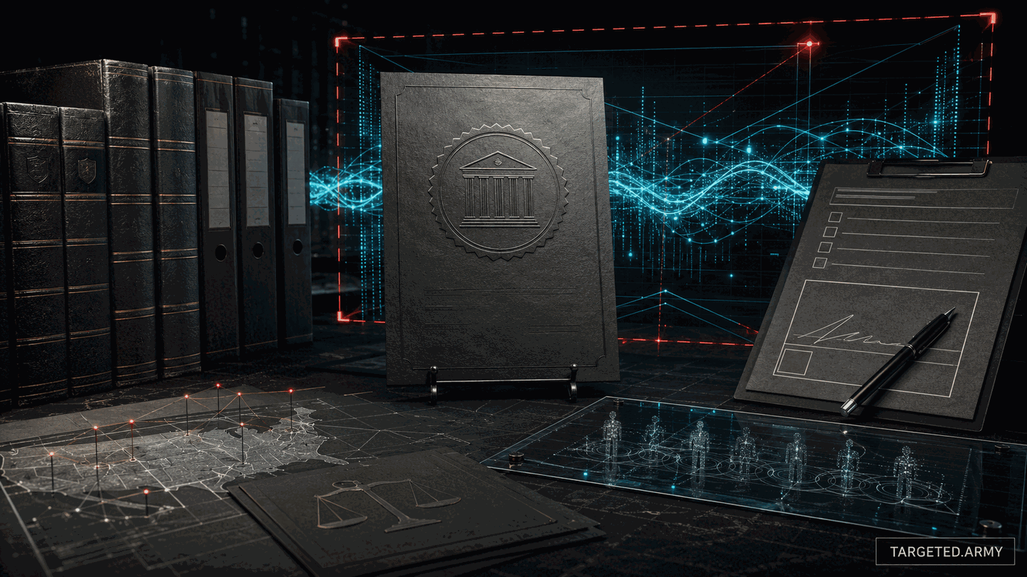 Dark evidence table with statutory volumes, a court-order emblem, constrained signal traces, and an abstract consent form