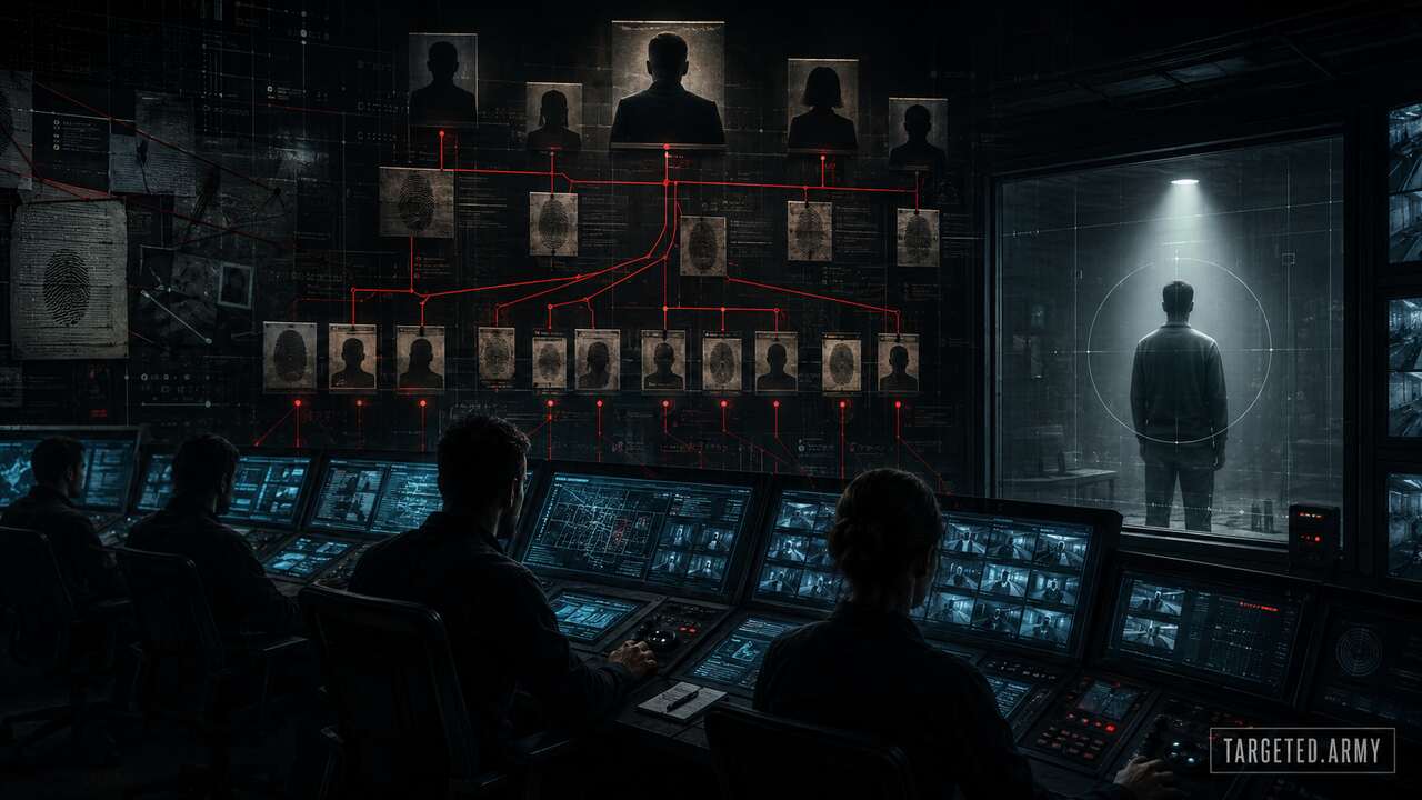 Anonymous living operators at control consoles connected by evidence lines to a management chain and secured audit records