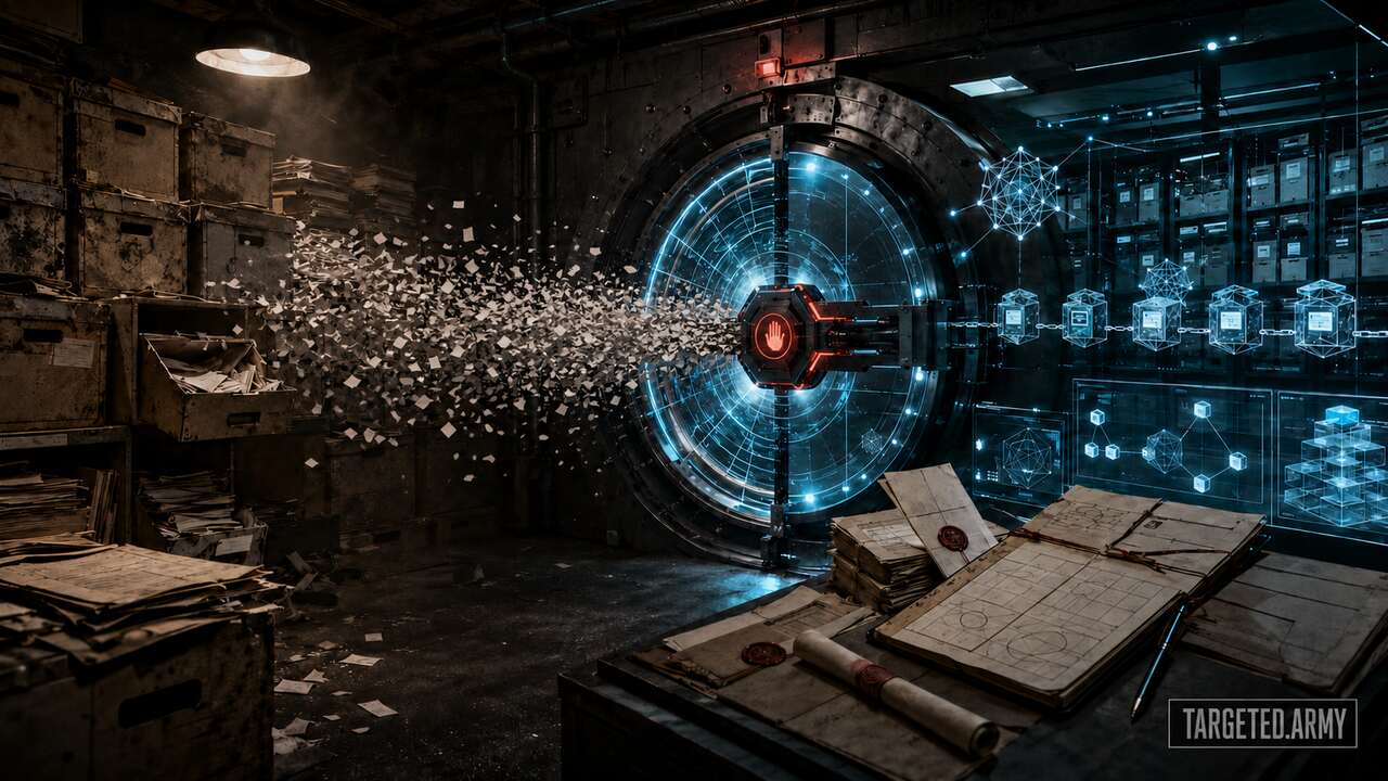 Historic intelligence records and shredded files stopped at a modern evidence vault with audit trails and integrity checks